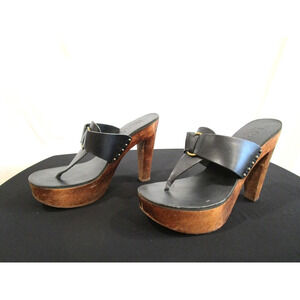 Michael Kors Black Leather Thong Wood Platform Sandal Heels Shoes Women 8M
